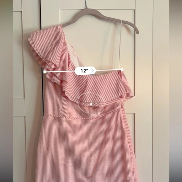 J. Crew, pink and white striped, one shoulder, seersucker dress, size 6 - Picture 6 of 8